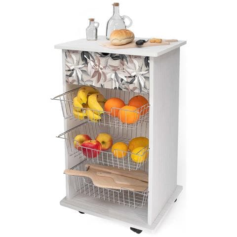 Lupia - Carrello Cucina Multifunzione Bianco White Leaves Mix, Portafrutta Ruote Piroettanti, Piano Di Appoggio, Tre Cestelli Estraibili In Acciaio, Legno 40x45h85 Cm Montato - Foto 1