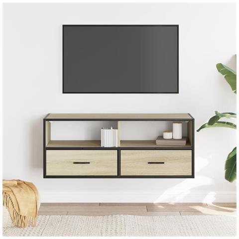 Mobile Tv Rovere Sonoma 100x31x39,5cm Legno Multistrato Metallo - Foto 3