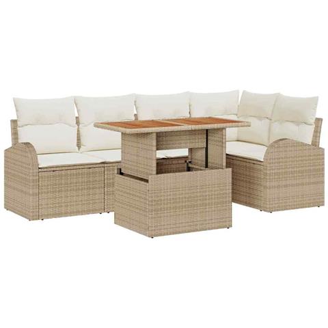 Set Divano da Giardino 6 pezzi con Cuscini Beige Rattan, Divano da Giardino 2 posti con Spazio di Archiviazione e Cuscini Beige Rattan - Foto 1