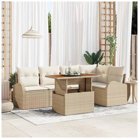 Set Divano da Giardino 6 pezzi con Cuscini Beige Rattan, Divano da Giardino 2 posti con Spazio di Archiviazione e Cuscini Beige Rattan - Foto 2