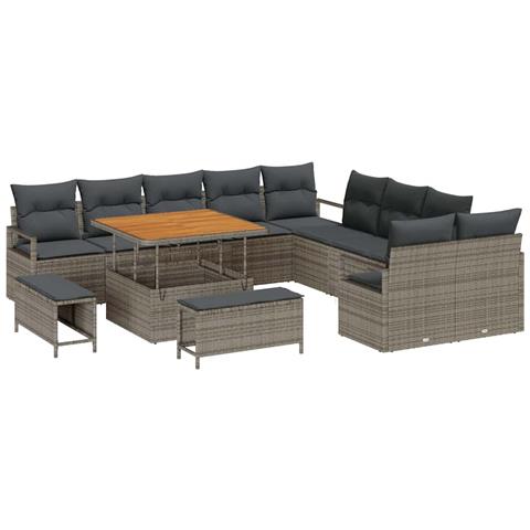 Set Divano da Giardino a 13 Pezzi con Cuscini Grigio Polyrattan Acacia, Divano da Giardino a 2 Posti con Spazio di Stoccaggio e Cuscini Grigio Polyrattan, Set da Pranzo da Giardino a 3 Pezzi con Cuscini Grigio Polyrattan Acacia - Foto 1