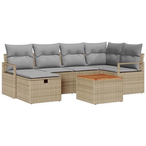 Set Divano da Giardino in 7 Pezzi con Cuscini Beige Polyrattan, Divano da Giardino per 2 Persone con Cuscini Beige Polyrattan - Foto 1
