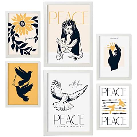 Set Di 6 Stampe Stampe Artistiche Di Pace E Amore Con Inchiostro Nero Raffiguranti Mare E Oceano Per L'interior Design A3 & A4 Cornice Bianca - Foto 1