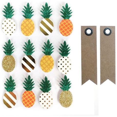 12 Adesivi 3d Ananas 4,5 Cm + 20 Etichette Kraft Con Gagliardetto - Foto 1