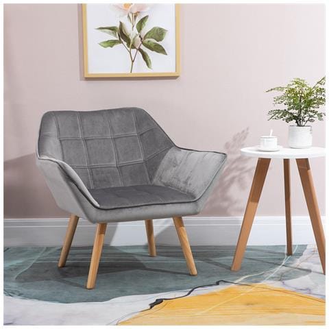 Poltroncina Stile Nordico In Legno Ed Effetto Velluto Grigio Per Soggiorno O Ufficio, 64x62x72.5 Cm - Foto 2