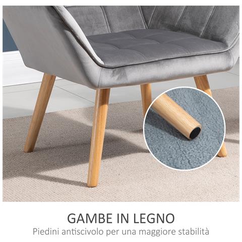 Poltroncina Stile Nordico In Legno Ed Effetto Velluto Grigio Per Soggiorno O Ufficio, 64x62x72.5 Cm - Foto 6