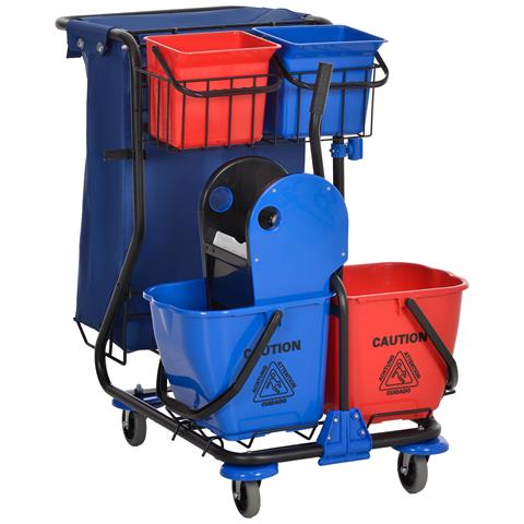 Carrello Pulizie con Sacco per Immondizia, 4 Secchi e Strizzatore per Mocio, 93x80x97 cm, Rosso Blu e Nero - Foto 1