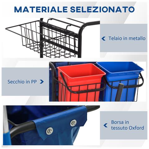 Carrello Pulizie con Sacco per Immondizia, 4 Secchi e Strizzatore per Mocio, 93x80x97 cm, Rosso Blu e Nero - Foto 2