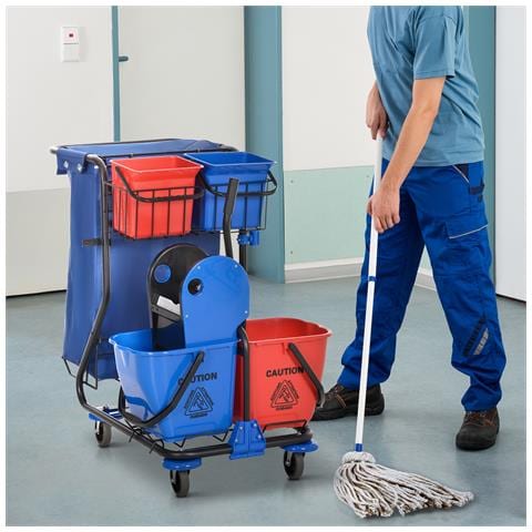 Carrello Pulizie con Sacco per Immondizia, 4 Secchi e Strizzatore per Mocio, 93x80x97 cm, Rosso Blu e Nero - Foto 6