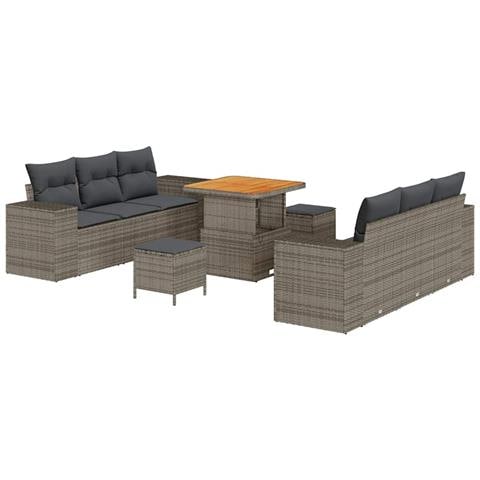 Set da giardino con 9 pezzi e cuscini in grigio poly rattan e acacia, Set da pranzo da giardino con 3 pezzi e cuscini in grigio poly rattan e acacia - Foto 1