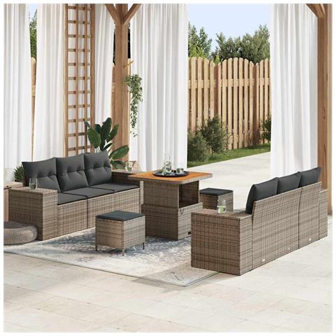 Set da giardino con 9 pezzi e cuscini in grigio poly rattan e acacia, Set da pranzo da giardino con 3 pezzi e cuscini in grigio poly rattan e acacia - Foto 2
