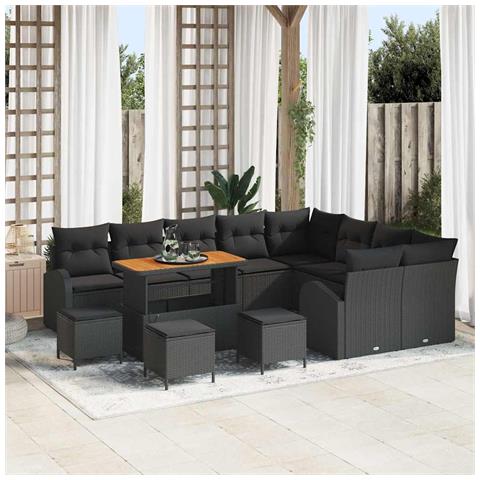 Set Divano da Giardino a 13 Pezzi con Cuscini Nero Polyrattan Acacia,  Set da Pranzo da Giardino a 4 Pezzi con Cuscini Nero Polyrattan Acacia,  Divano da Giardino a Due Posti con Cuscini Nero Polyrattan - Foto 2