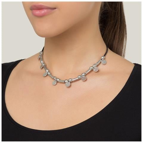 Collana Girocollo In Pelle Nera Con Mini Medaglie Argentate - Foto 2
