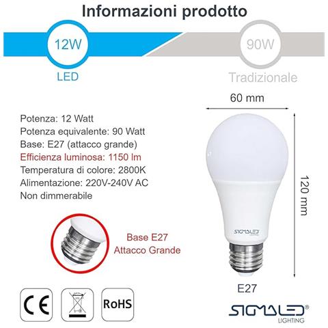 Pack 6 Pezzi Lampadina Led E27 12w (equivalente A 90w) - Luce Bianca Calda 2800k - 1150 Lumen - Attacco Grande E27 - Goccia A60 - 60x120mm - Foto 5