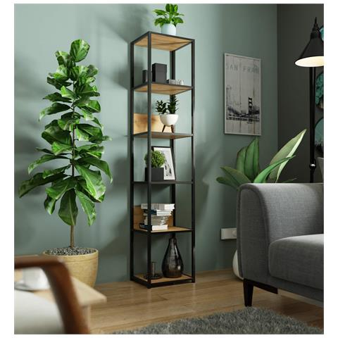 Scaffale stile loft con ripiani in legno, 6 ripiani, 40x32x192 cm, Colore Nero e Quarcia Craft - Foto 5