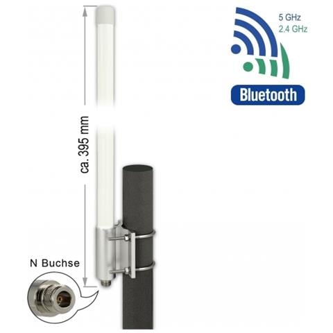 Antenna N femmina WLAN Dual Band 802.11 ac /ax /a /b /g /n 6,2 - 8,0 dBi 39,5 cm omnidirezionale fissa da parete e da palo per esterni bianca - Foto 1