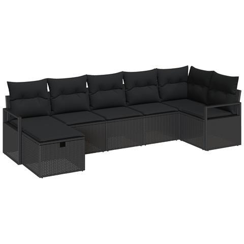 Set di divani da giardino 7 pezzi con cuscini Nero Rattan sintetico,  Divano da giardino 2 posti con cuscini Nero Rattan sintetico - Foto 1