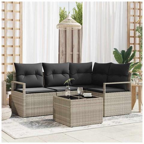 Set divano da giardino  5 pezzi con cuscini Grigio Rattan Sintetico, Divano da giardino  2 posti con cuscini Grigio Rattan Sintetico - Foto 2