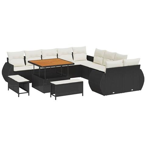 Set Divano da Giardino a 13 Pezzi con Cuscini Nero Rattan Polimerico Acacia, Set da Pranzo da Giardino a 3 Pezzi con Cuscini Nero Rattan Polimerico Acacia - Foto 1