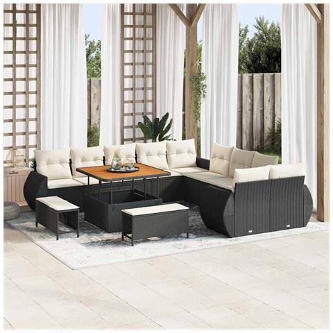 Set Divano da Giardino a 13 Pezzi con Cuscini Nero Rattan Polimerico Acacia, Set da Pranzo da Giardino a 3 Pezzi con Cuscini Nero Rattan Polimerico Acacia - Foto 2