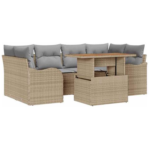 Set Divano da Giardino in 7 Pezzi con Cuscini Beige Rattan Poly Acacia, Divano da Giardino a 2 Posti con Cuscini Beige Rattan Poly - Foto 1