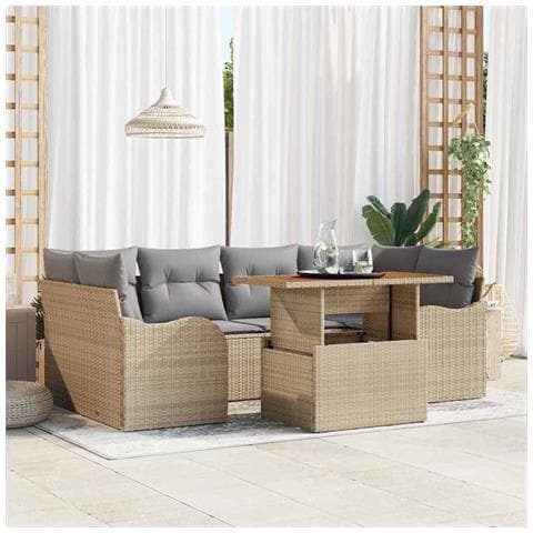 Set Divano da Giardino in 7 Pezzi con Cuscini Beige Rattan Poly Acacia, Divano da Giardino a 2 Posti con Cuscini Beige Rattan Poly - Foto 2