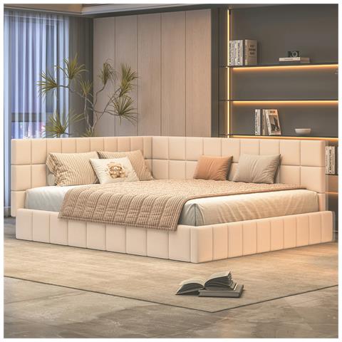 Letto Imbottito Divano Letto 160x200cm, Letto Multifunzionale Con Rete A Doghe, Tessuto Velluto, Beige - Foto 1