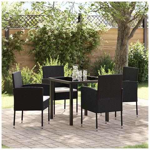 Set da Pranzo per Giardino con cuscino 5 pcs Nero Poly Rattan - Foto 2