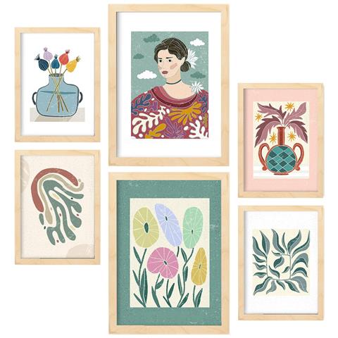 Set Di 6 Stampe Stampa Fiori Nella Collezione Di Stampe Decorative Estetiche Etniche Per Pareti Di Casa A3 & A4 Telaio In Legno Chiaro - Foto 1