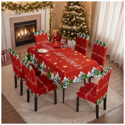 Set Decorativo Natalizio Con Tovaglia E Coprisedie Con Motivo Albero Di Natale - Foto 2