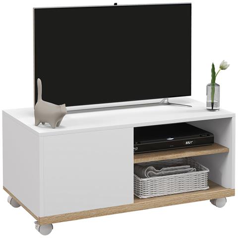 Mobile Tv 42"" Max Con 2 Ripiani Aperti E Anta E Ruote, In Truciolato, 80x45x39.5 Cm, Bianco - Foto 1