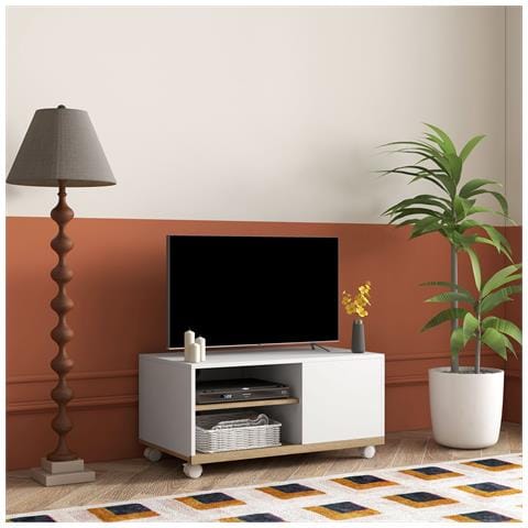 Mobile Tv 42"" Max Con 2 Ripiani Aperti E Anta E Ruote, In Truciolato, 80x45x39.5 Cm, Bianco - Foto 2