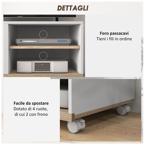 Mobile Tv 42"" Max Con 2 Ripiani Aperti E Anta E Ruote, In Truciolato, 80x45x39.5 Cm, Bianco - Foto 6