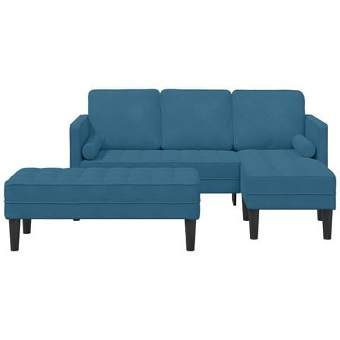 Divano da giardino con panca e cuscini in velluto blu a forma di L, Divano a forma di L blu 173x131x67 cm in velluto, Panca blu 113x57x39 cm in velluto - Foto 2
