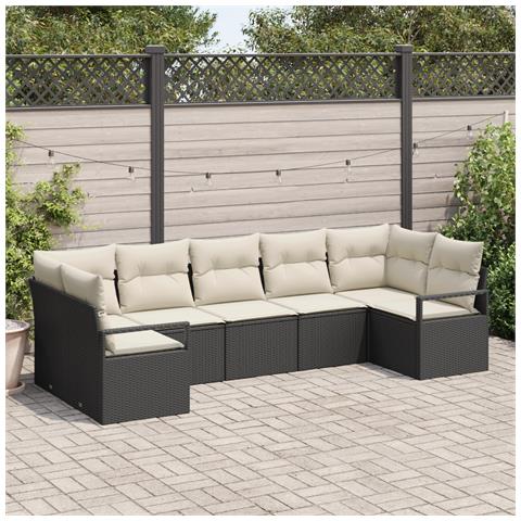 Set di divani da giardino 7 pezzi con cuscini neri in polyrattan, Divano da giardino 2 posti con cuscini neri in polyrattan - Foto 2
