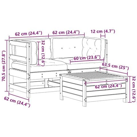 Set Salotto da Giardino 3 pz Cuscini Legno Massello Pino Bianco - Foto 9