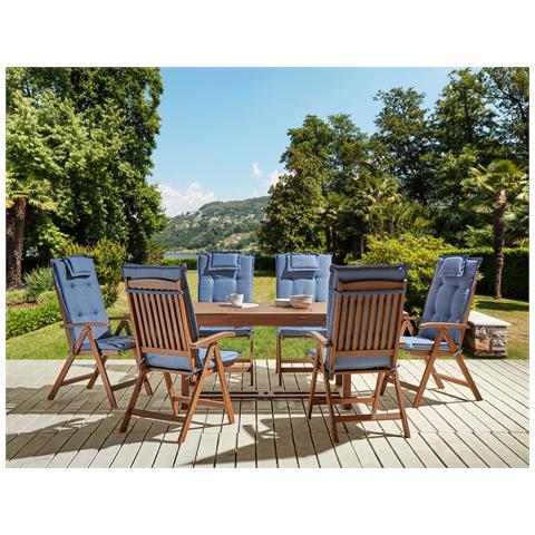 Set Da Giardino Con 6 Sedie Legno Di Acacia Scuro Con Cuscini Blu Amantea - Foto 1