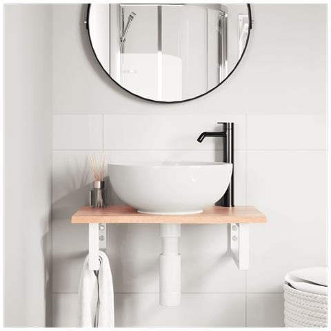 Ripiano A Parete Per Lavabo In Acciaio E Massello Di Rovere - Foto 3