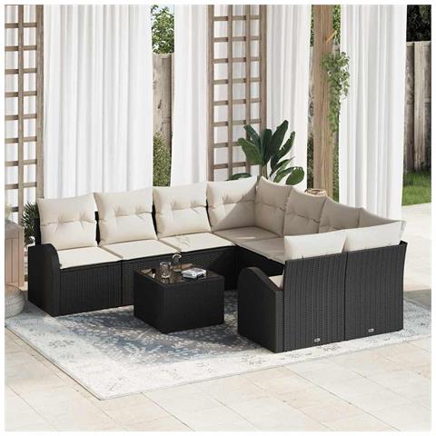 Set da giardino con cuscini a 9 pezzi  Rattan Polyrattan Neri, Divano da giardino a 2 posti con stoccaggio e cuscini Rattan Polyrattan Nero - Foto 2