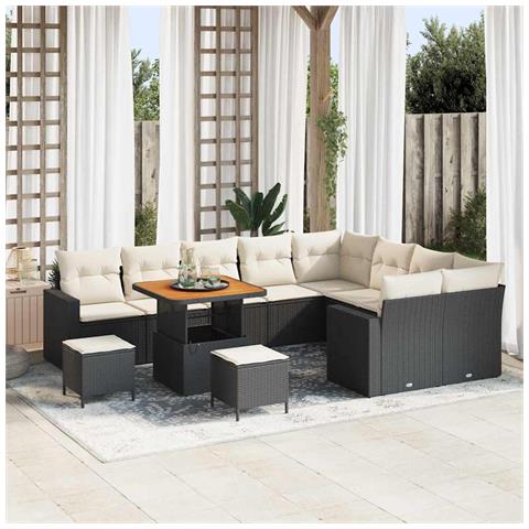 Set di Sofà da Giardino  da 12 Pezzi con Cuscini Nero Polyrattan Acacia, Set da Pranzo  da 3 Pezzi con Cuscini Nero Polyrattan Acacia - Foto 2