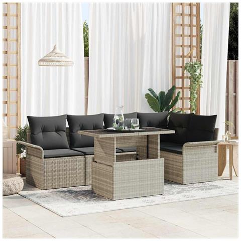 Set Divano da Giardino 6 Pezzi con Cuscini Grigio Chiaro in Polyrattan - Foto 2