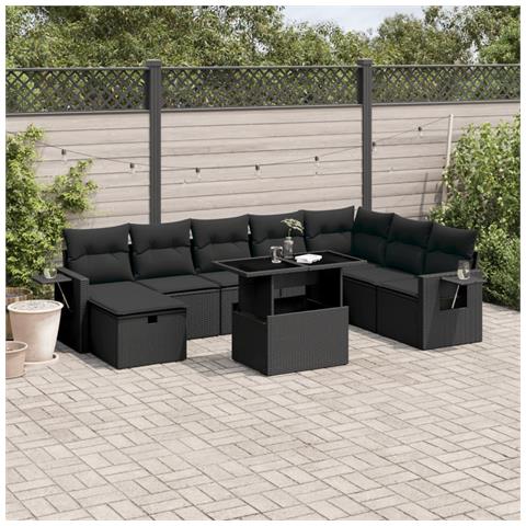 Set Divani da Giardino 9 pz con Cuscini Nero in Polyrattan - Foto 2