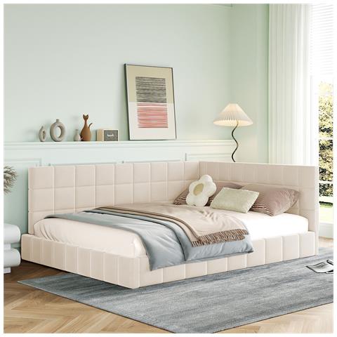 Letto Imbottito Divano Letto 140x200cm, Letto Multifunzionale Con Rete A Doghe, Tessuto In Velluto, Beige - Foto 1