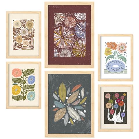 Set Di 6 Stampe Stampe Di Fiori Nella Collezione Di Stampe Etniche, Estetica Decorativa Per La Stampa Artistica Da Parete Per La Casa A3 & A4 Telaio In Legno Chiaro - Foto 1