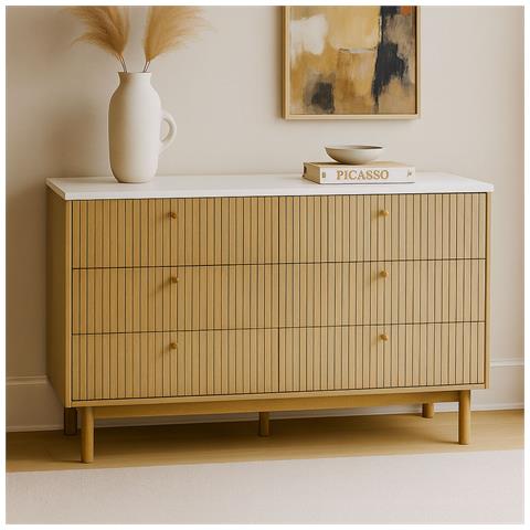 Brox Credenza A 6 Cassetti Con Effetto Legno Scanalato E Bianco 120 Cm - Foto 1