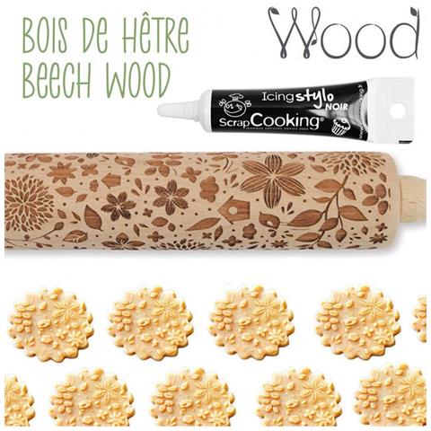 Rotolo Di Pasta Sfoglia In Legno Con Impronte Naturali + Penna Per Glassa Nera - Foto 1