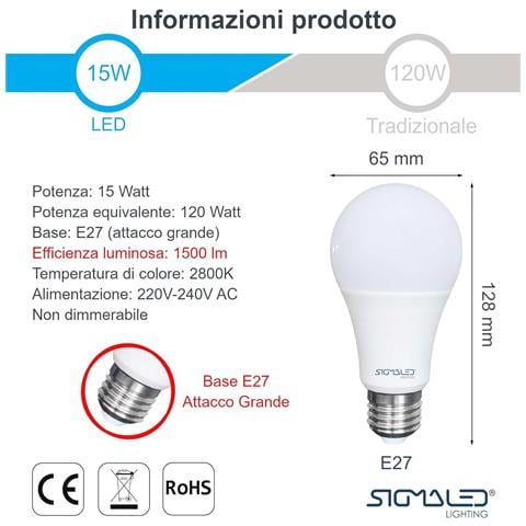 Pack 6 Pezzi Lampadina Led E27 15w (equivalente A 120w) - Luce Bianca Calda 2800k - 1425 Lumen - Attacco Grande E27 - Goccia A60 - 65x135mm - Foto 5