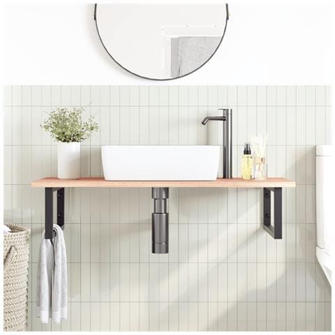 Ripiano A Parete Per Lavabo In Acciaio E Massello Di Rovere - Foto 3