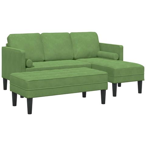 Divano da giardino con panca e cuscini in velluto verde chiaro L, Divano a 3 posti con chaise in velluto verde chiaro 160 cm, Panca verde chiaro 113x57x39 cm in velluto - Foto 1