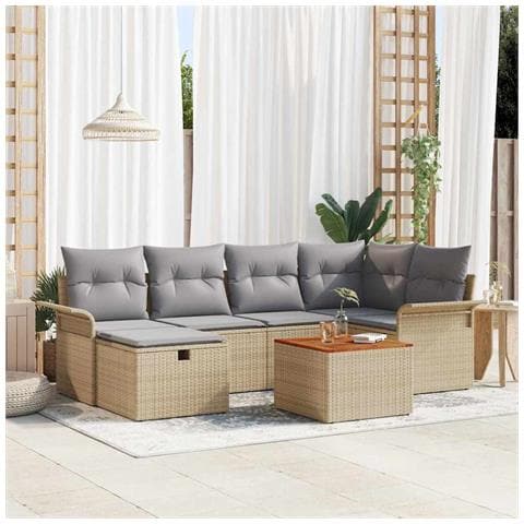 Set di divani da giardino  7 pezzi con cuscini beige in polirattan, Divano da giardino  2 posti con spazio di stoccaggio e cuscini beige in polirattan - Foto 2
